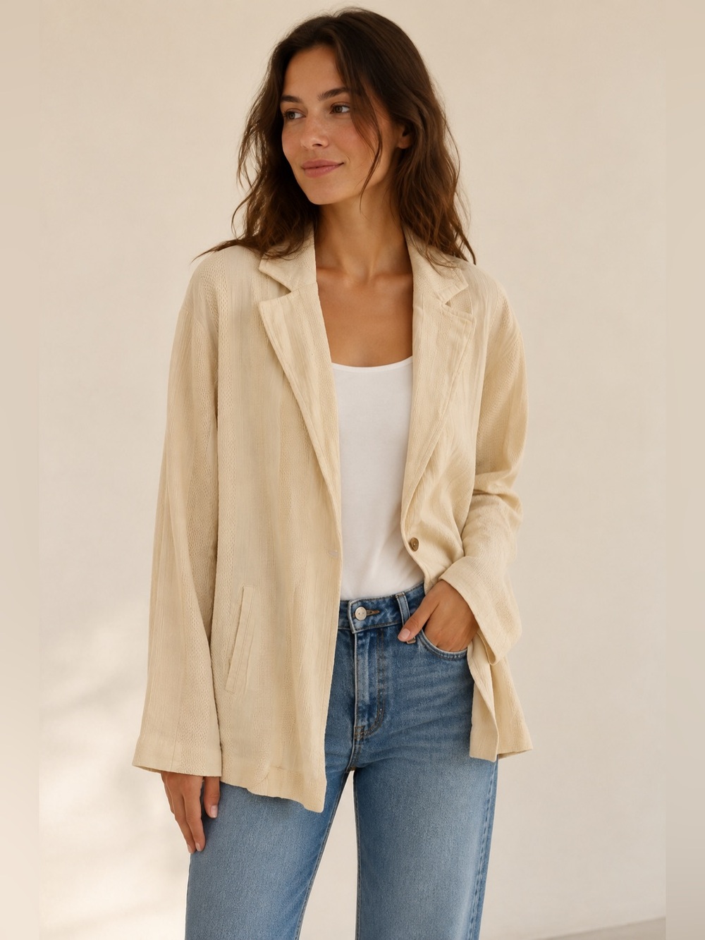 NEW FREE PEOPLE Cotton Linen Cream Blazer Size Large